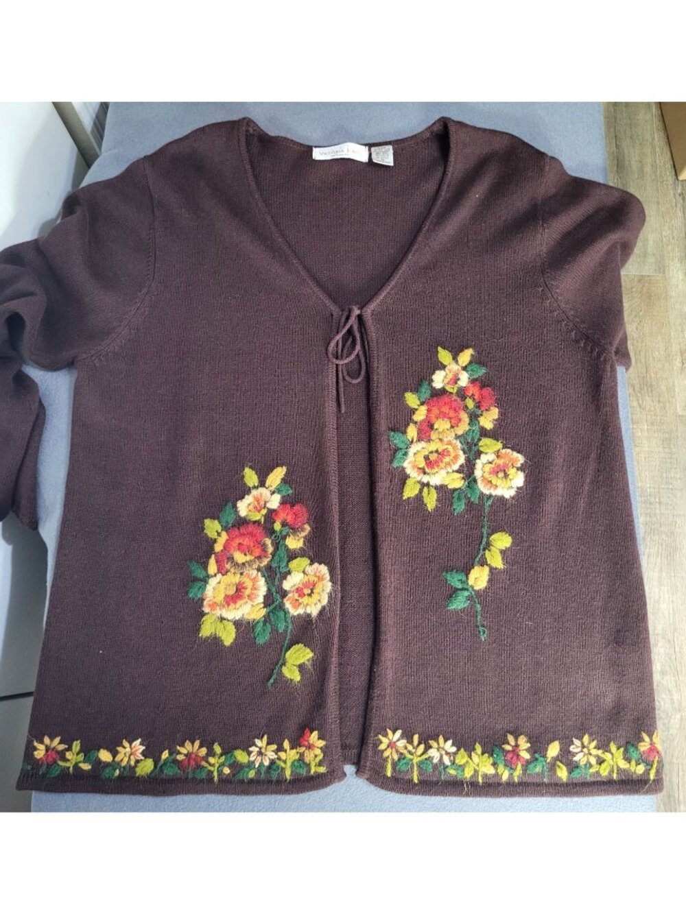 VTG Women's 1X Cardigan Sweater Brown Floral Boho Hippie Cottage Core Fairy - Picture 6 of 12
